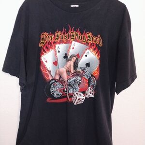 Live Fast Play Hard Black Graphic T-Shirt Mens XL Strugis 2009 Pin Up Mint Y2K.